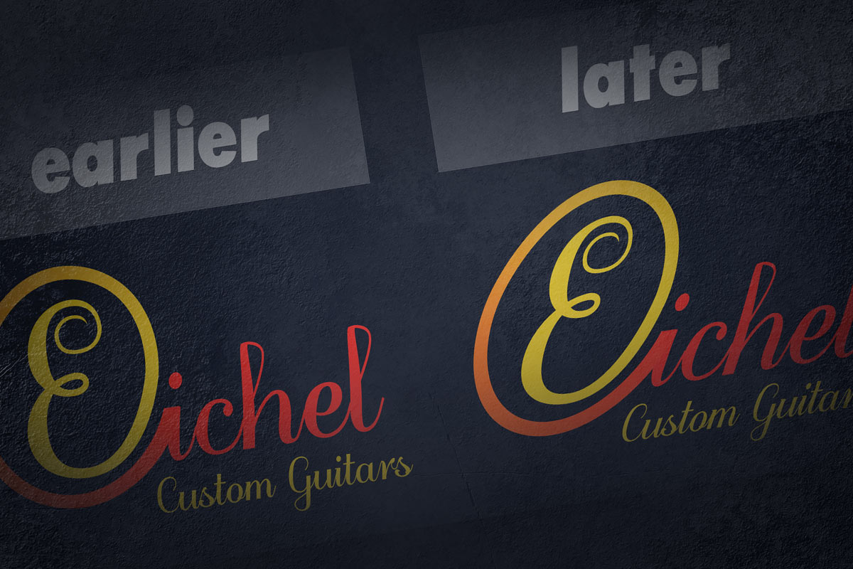 Study of our logo design for Eichel Custom Guitars in 2 versions, one straight and one slanted. The design advancement incorporates the idea of going forward through innovation.